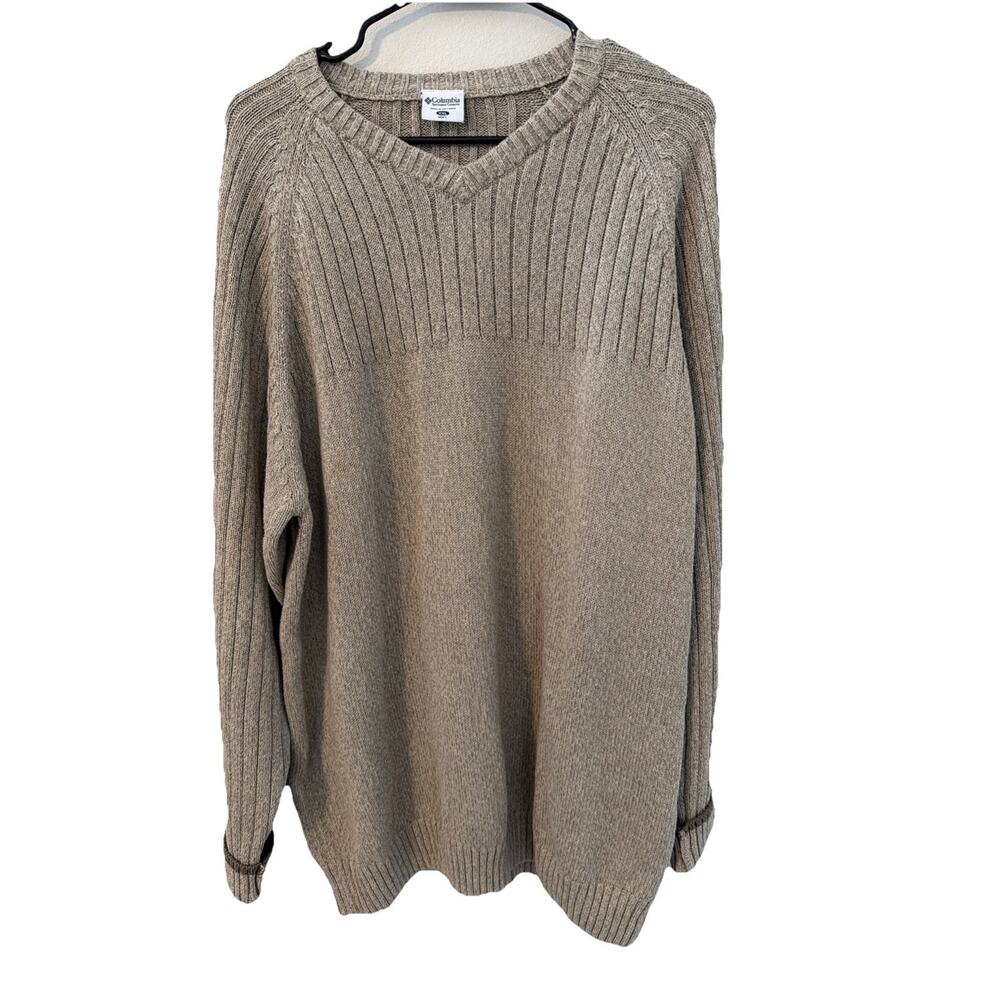 Vintage Columbia Sweater V-neck Mens XXL Cotton Pullover Lt Brown RN69724